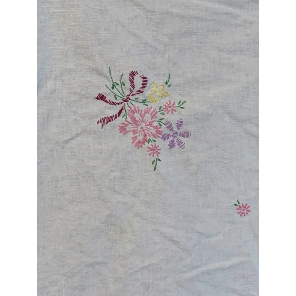 Vintage handmade white embroidered tablecloth floral cottagecore square 30X30